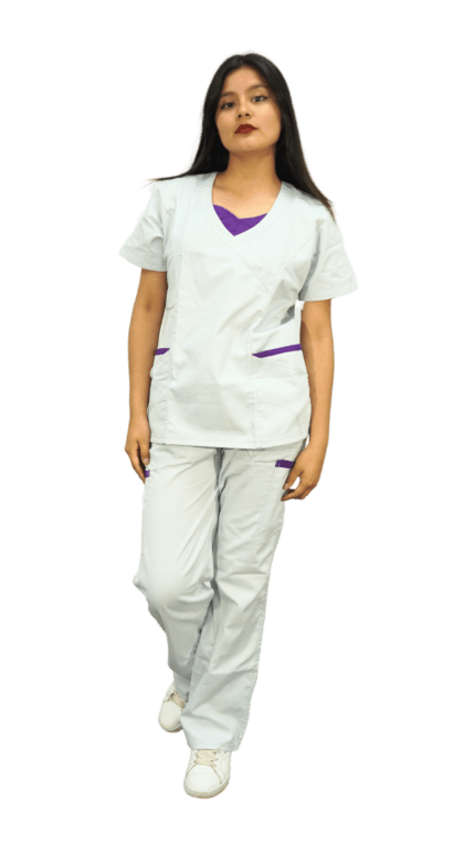 Uniforme médico completo para mujer de color blanco con bolsillo morado Cod 1511
